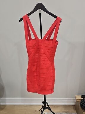 Herve Leger Coral Red Bandage Mini Dress